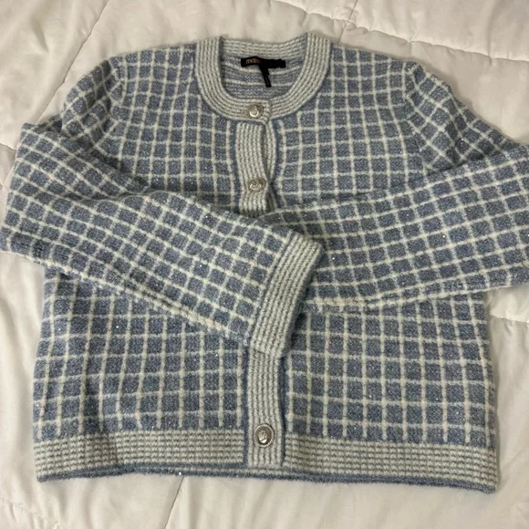 Maje Blue Checkered Sequin Malony Cardigan NWOT - Picture 2 of 4